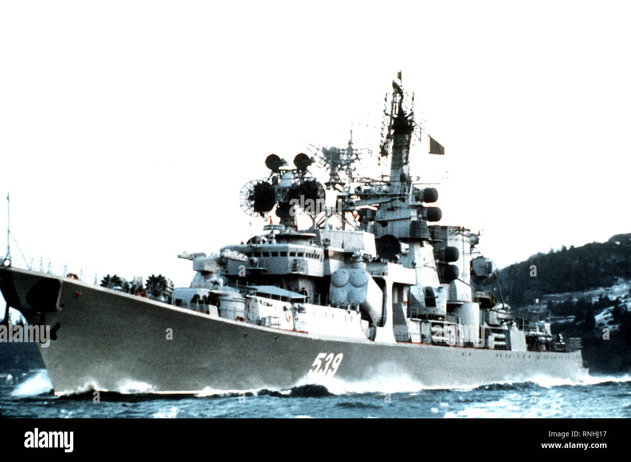 1982 - A port bow view of a Soviet Kara class guided missile cruiser ...