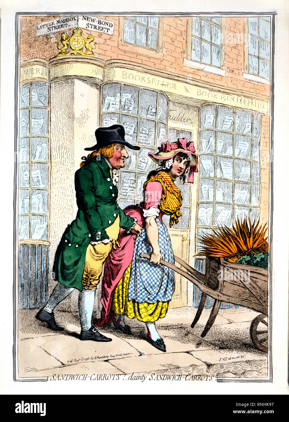 A buxom girl pushing a wheelbarrow of carrots along Bond Street, looking over her shoulder at an older man, possibly the son of John Montagu, 4th Earl of Sandwich, who is tugging at her apron. Stock Photo