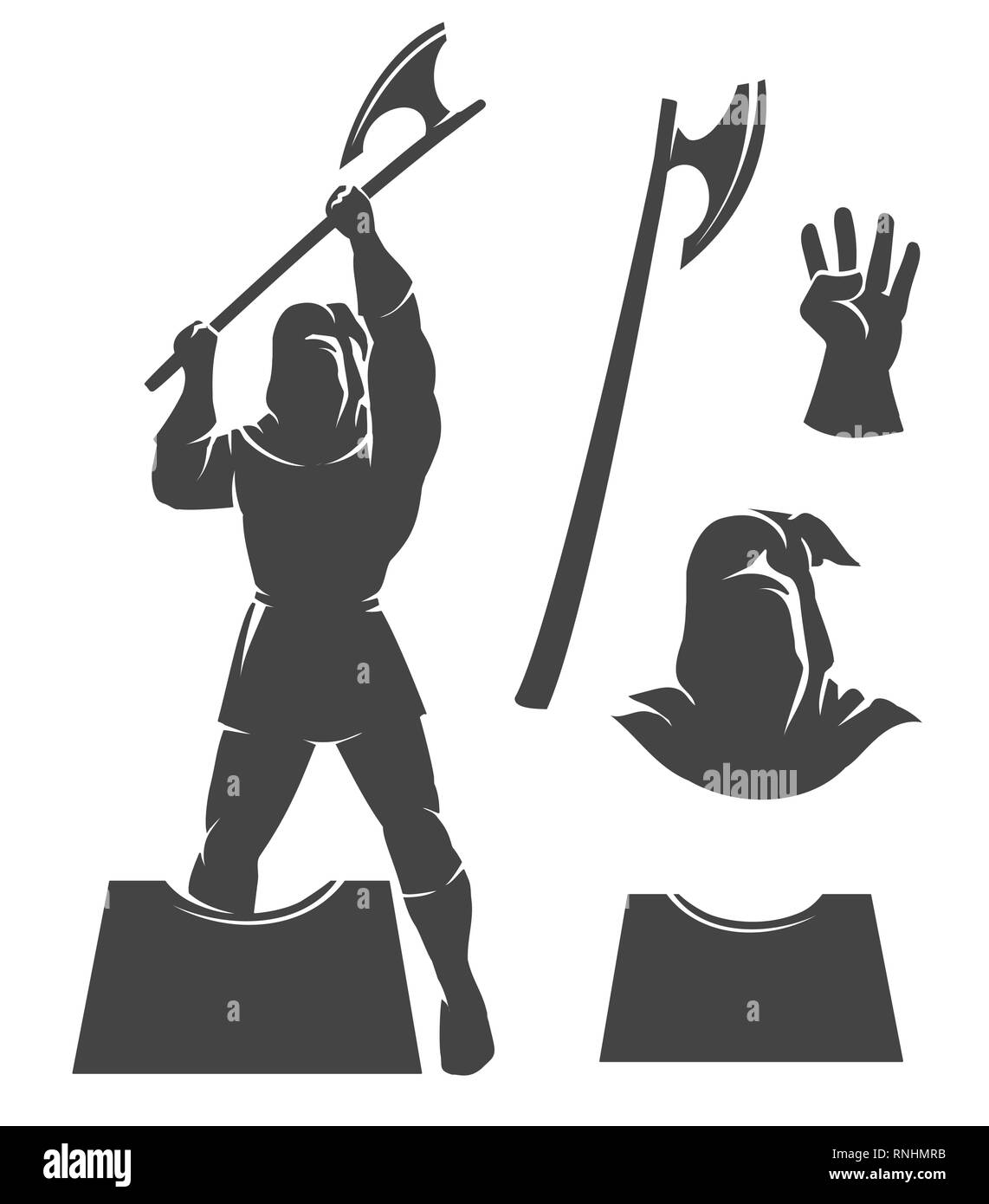 The executioner Silhouettte emblem on a white background. Axe, block, glove and Punisher Hood. Vector illustration Stock Vector