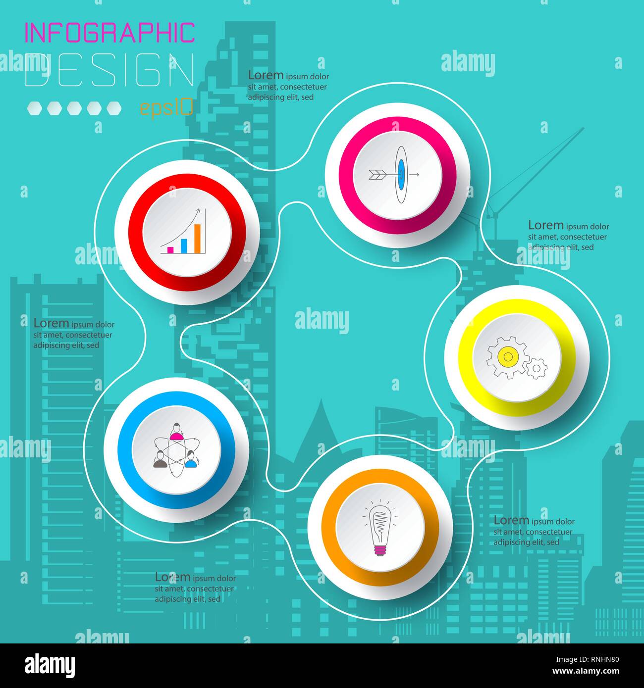 Five circles with business icon infographics on silhouette town Stock ...
