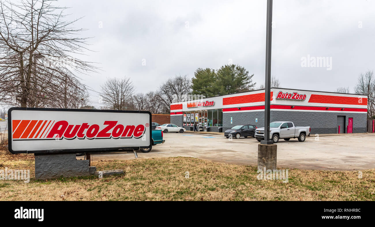 HICKORY, NC, USA-2/17/19: An Auto Zone store, with street sign, one of over 6000 stores in US, Mexico and Brazil. Stock Photo