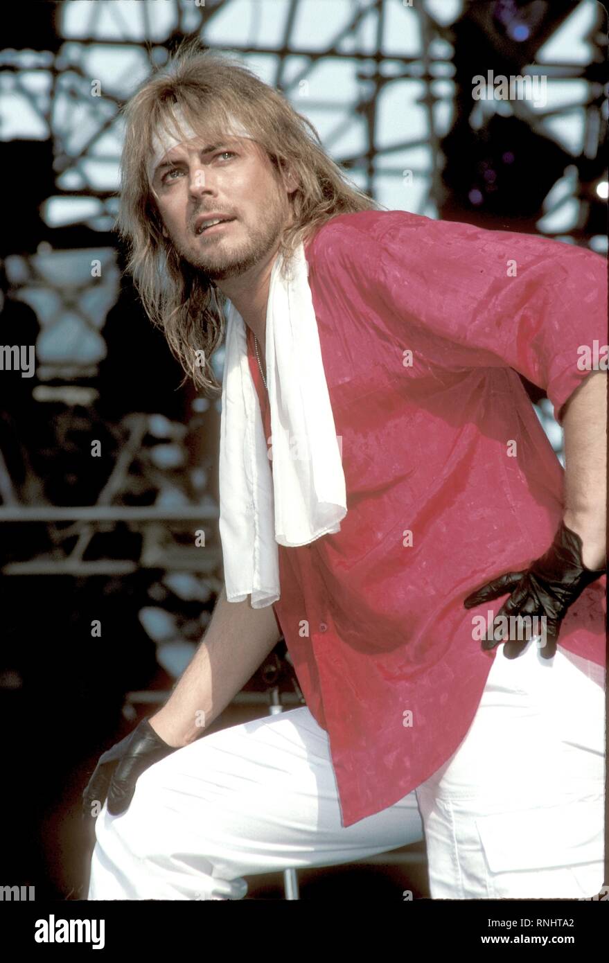 Singer Don Dokken is shown performing on stage during a Dokken concert