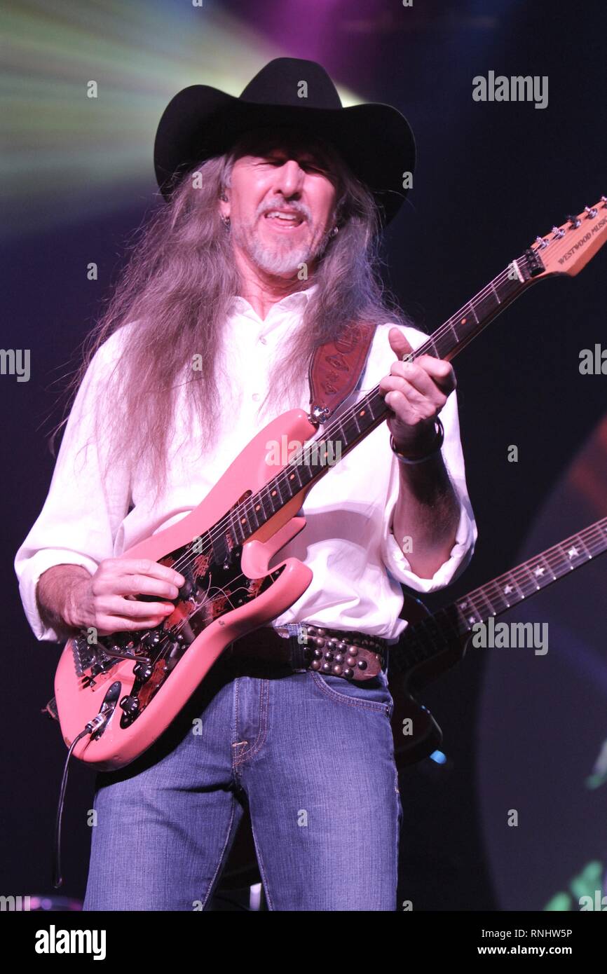 Doobie Brothers guitarist Patrick Simmons is shown performing during a 'live' concert appearance. Stock Photo