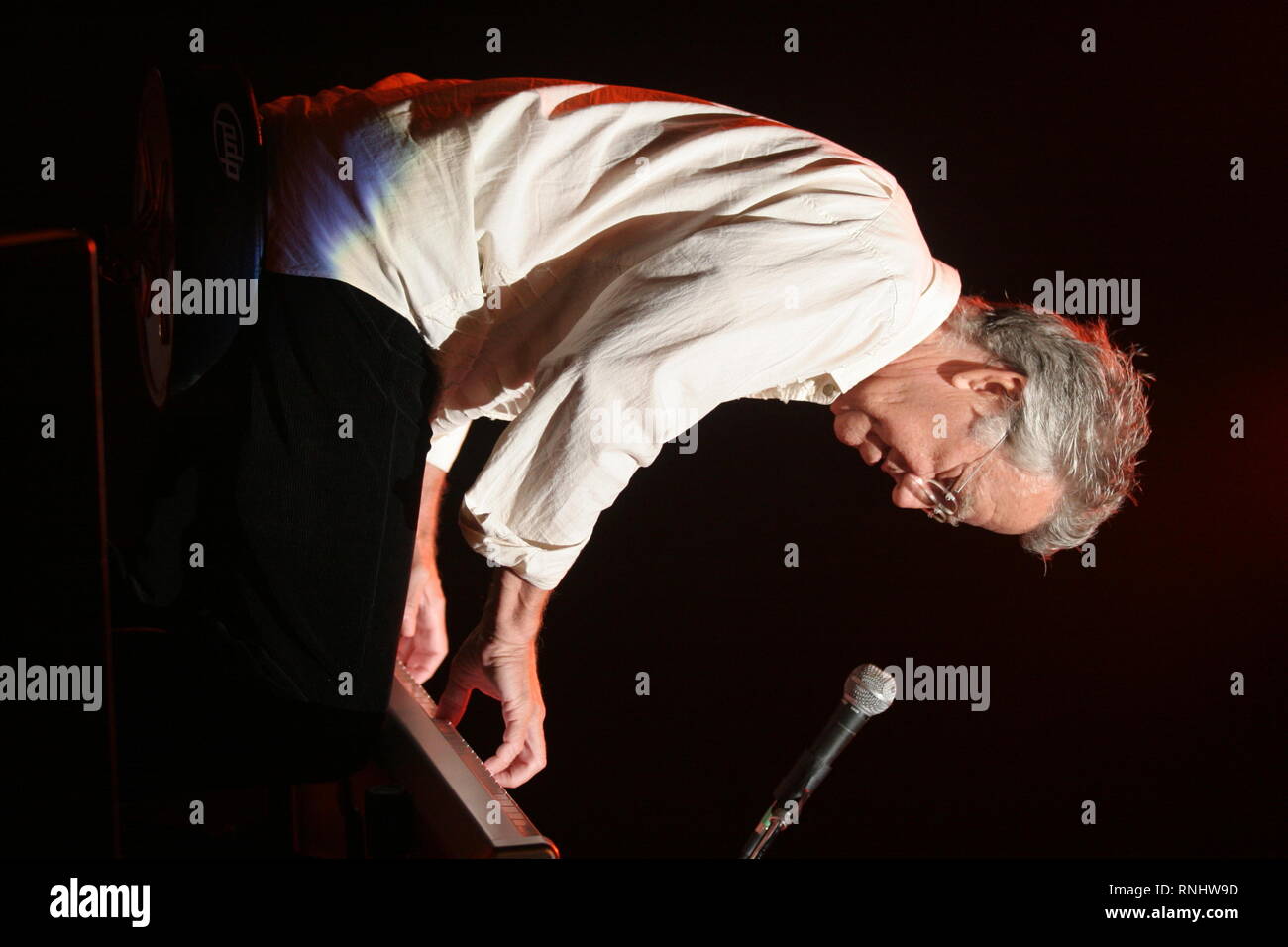 Ray Manzarek of The Doors is shown performing during a 'live' concert appearance. Stock Photo