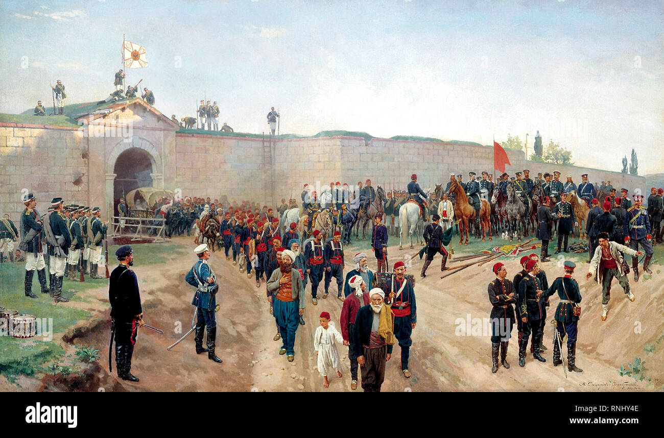 Surrender of the fortress of Nikopol, July 4, 1877 - Russo-Turkish War - Nikolai Dmitriev-Orenburgsky, circa 1883 Stock Photo