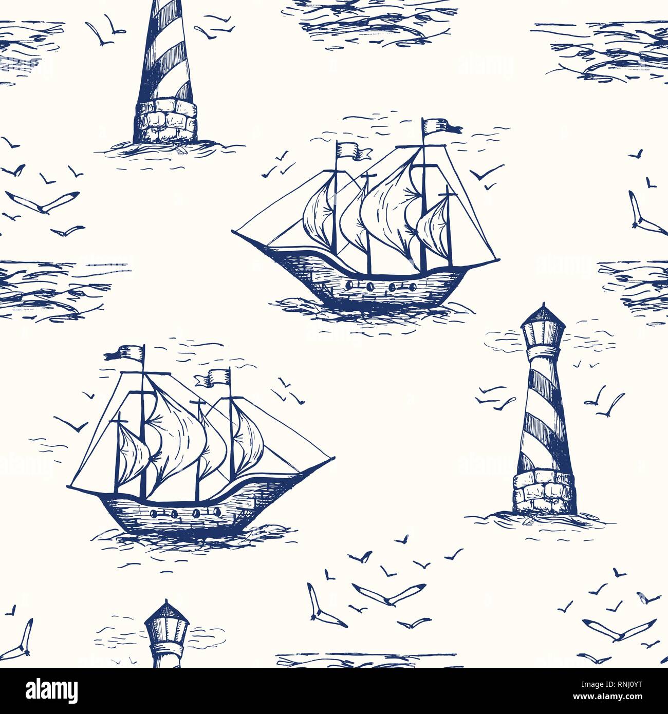 Vintage Hand-Drawn Nautical Toile De Jouy Vector Seamless Pattern with Lighthouse, Seagulls, Seaside Scenery and Ships. Monochrome Blue Marine Backgro Stock Vector