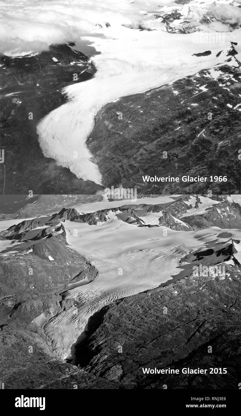 Repeat oblique photographs of Wolverine glacier in Alaska.  1966 image by unknown USGS photographer; 2015 image by L. Sass, USGS. Stock Photo