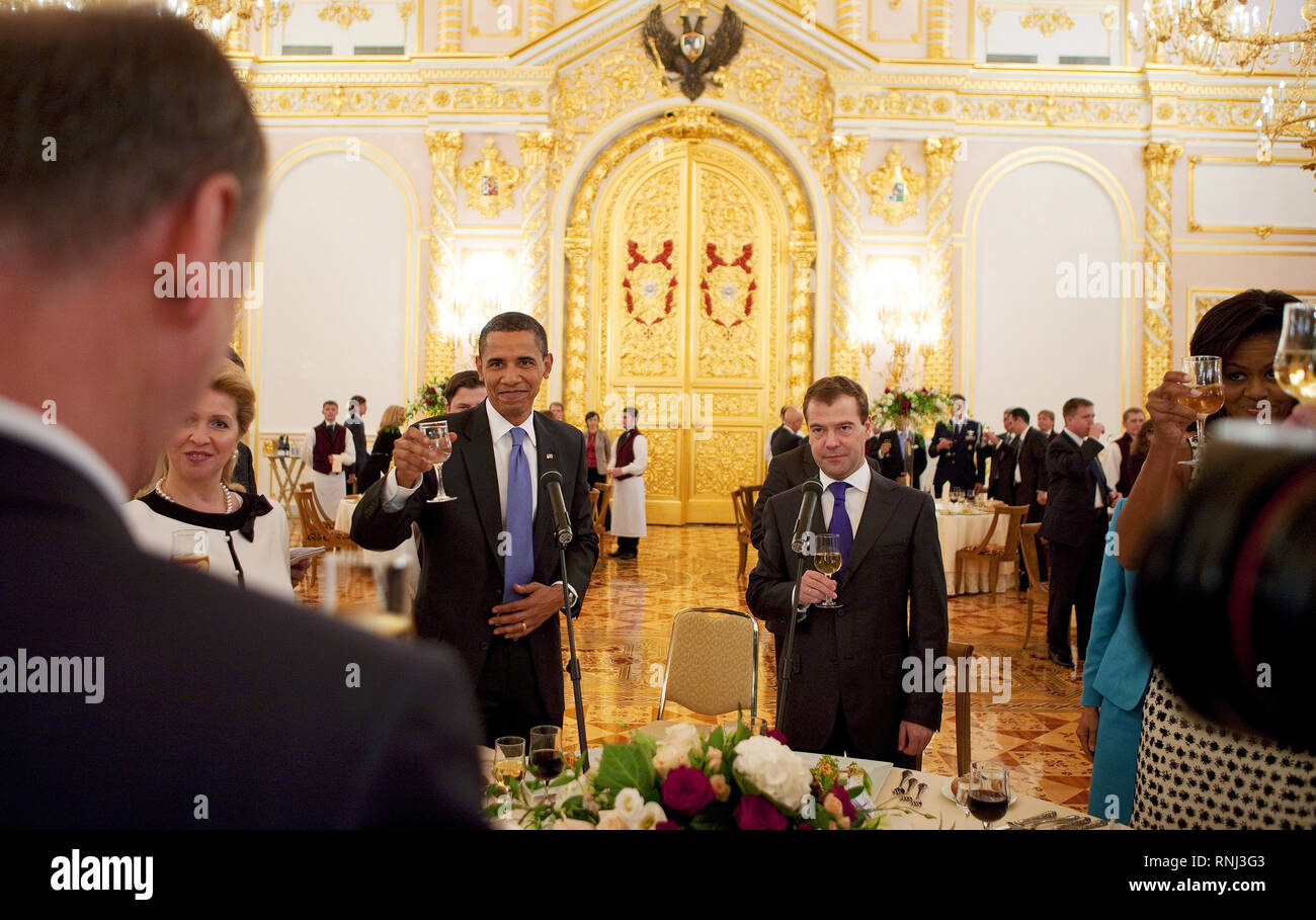 President Barack Obama and First Lady Michelle Obama attend a reception in the Kremlin with Russian President Dimitry Medvedev, his wife Svetlana Medvedeva, and the Russian Orthodox Patriarch Moscow, Russia, July 7, 2009 Stock Photo