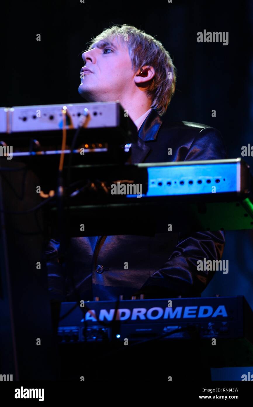 Duran Duran keyboardist Nick Rhodes is shown performing on stage during a 'live' concert appearance Stock Photo