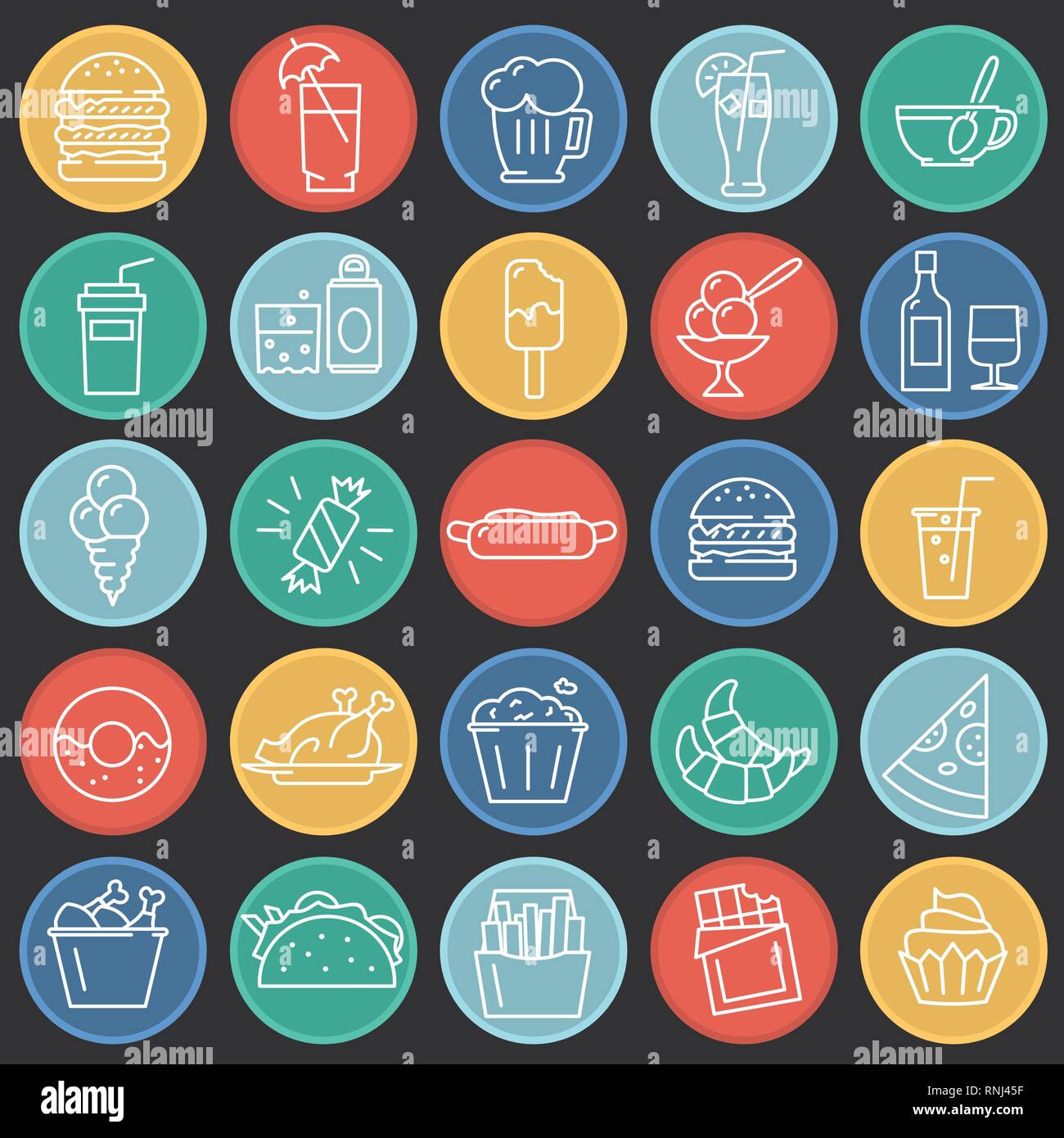 Fastfood outline icons set on color circles background for graphic and ...