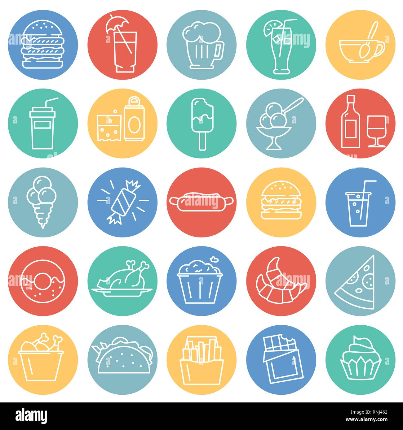 Fastfood outline icons set on color circles background for graphic and ...
