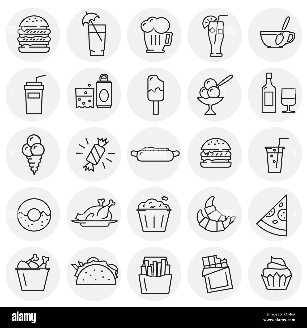 Fastfood outline icons set on circles background for graphic and web ...