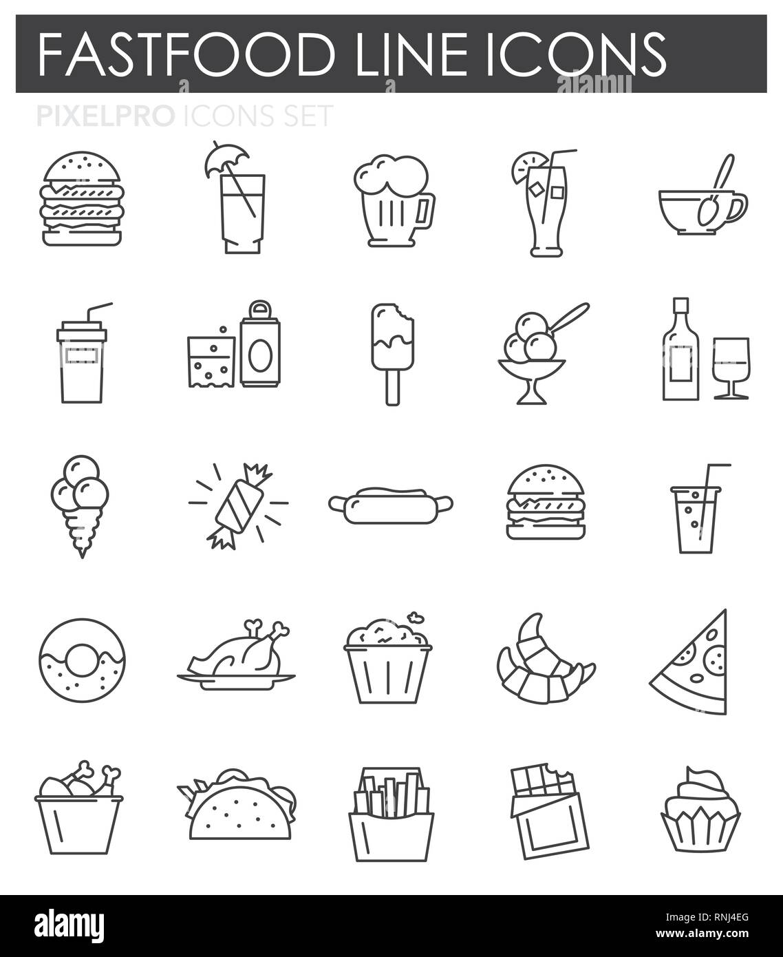 Fastfood outline icons set on white background for graphic and web ...