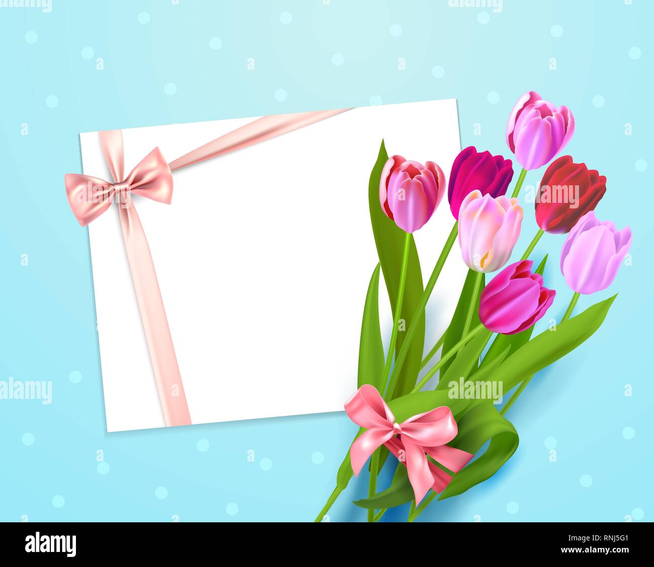 Realistic vector colorful tulips background. Spring flowers and holiday card with place for text. Stock Vector