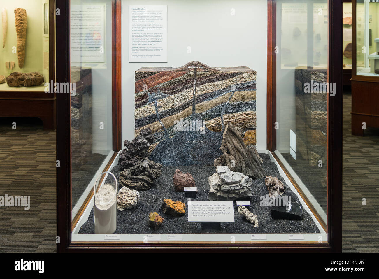 A display model illustrates the formation of volcano and igneous rocks such as granite. The Field Museum, Chicago, Illinois, USA. Stock Photo