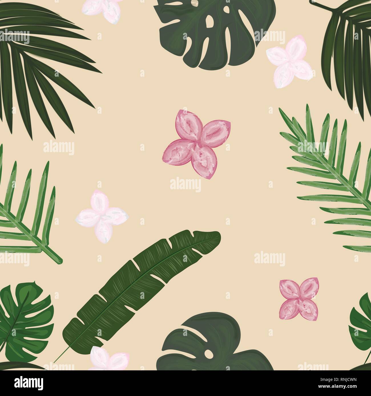 Abstract Seamless Pattern Wallpaper of Tropical Green Leaves of Palm Trees and Flowers on Light Yellow Background Vector Background Stock Vector