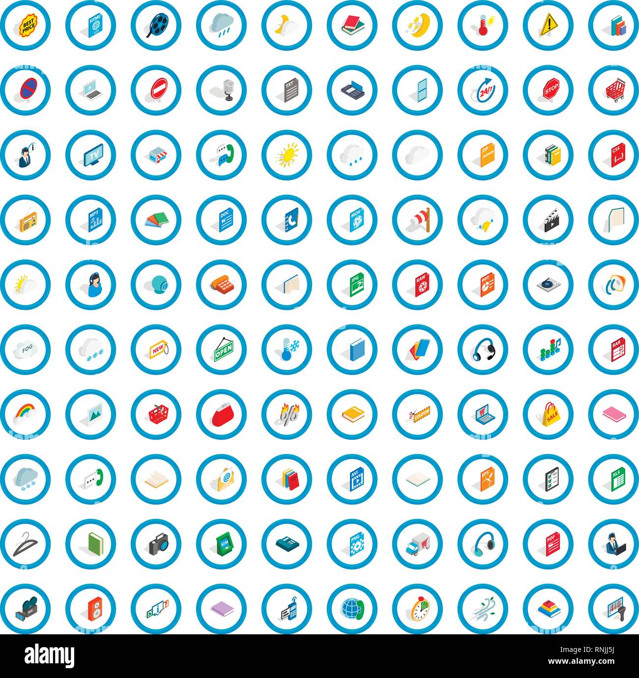 100 app icons set, isometric 3d style Stock Vector