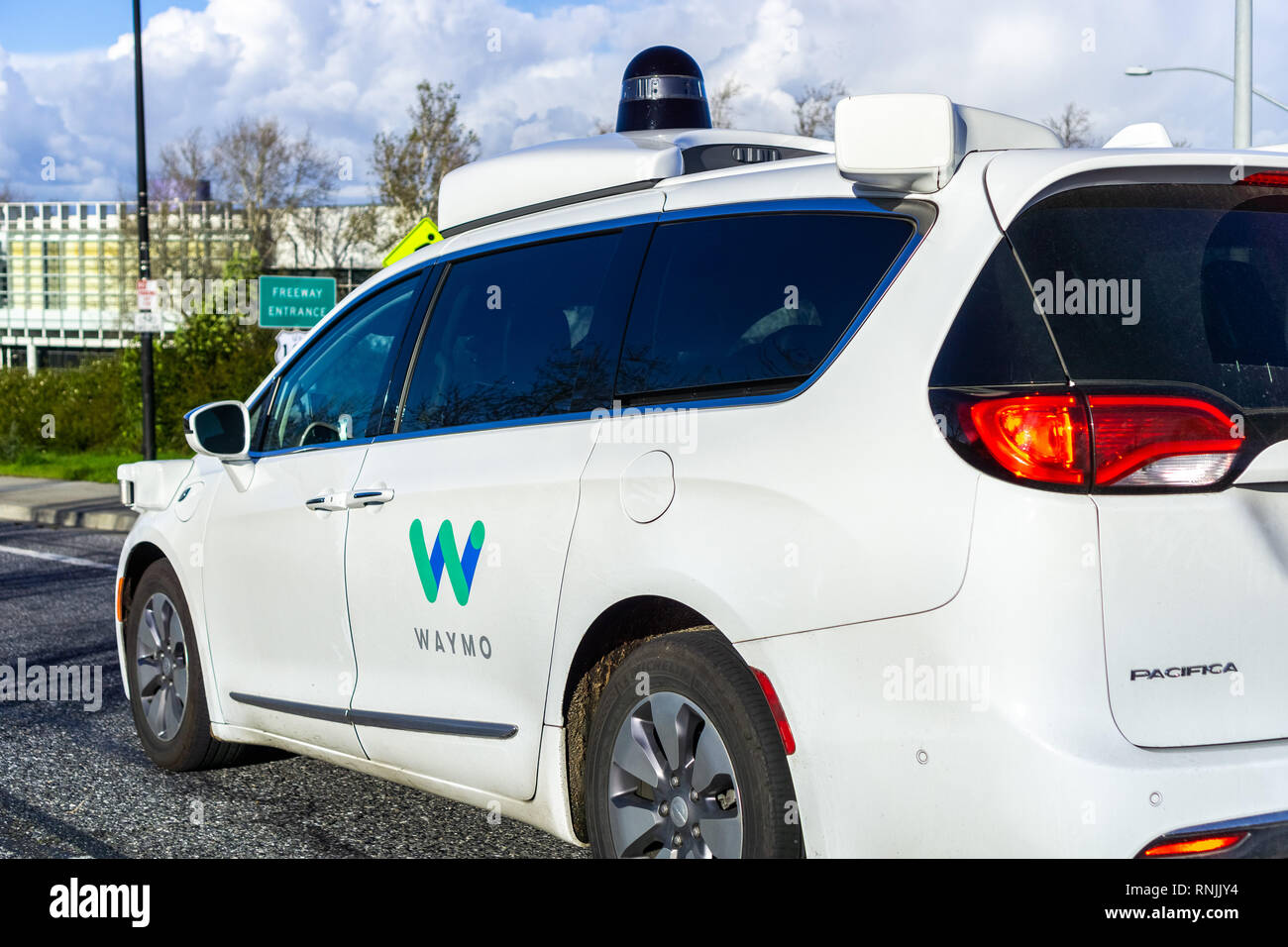 February 17, 2019 Mountain View / CA / USA - Waymo self driving car performing tests on a street near Google's headquarters, Silicon Valley Stock Photo