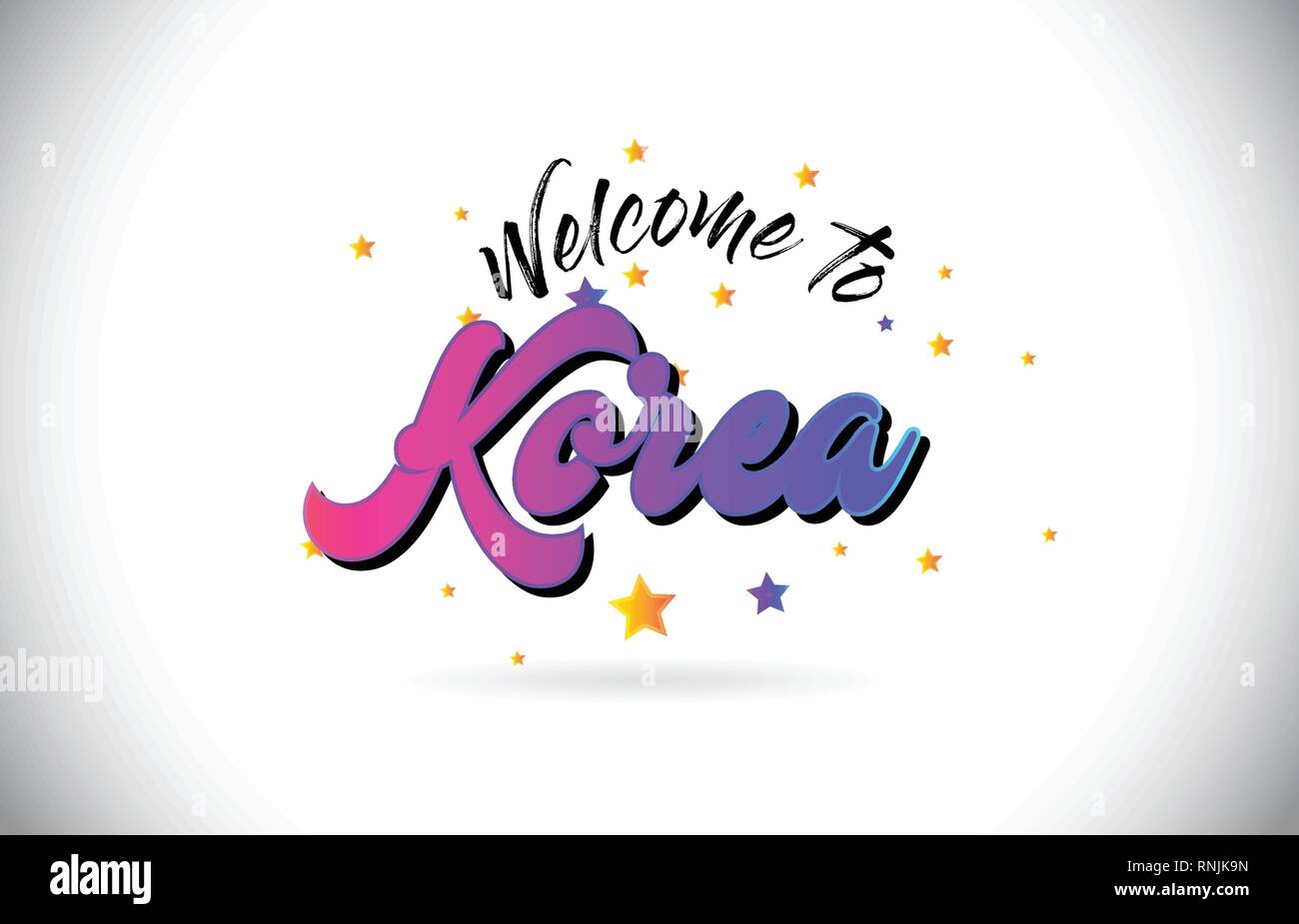 Korea To Word Text with Purple Pink Handwritten Font and Yellow Stars Shape Design