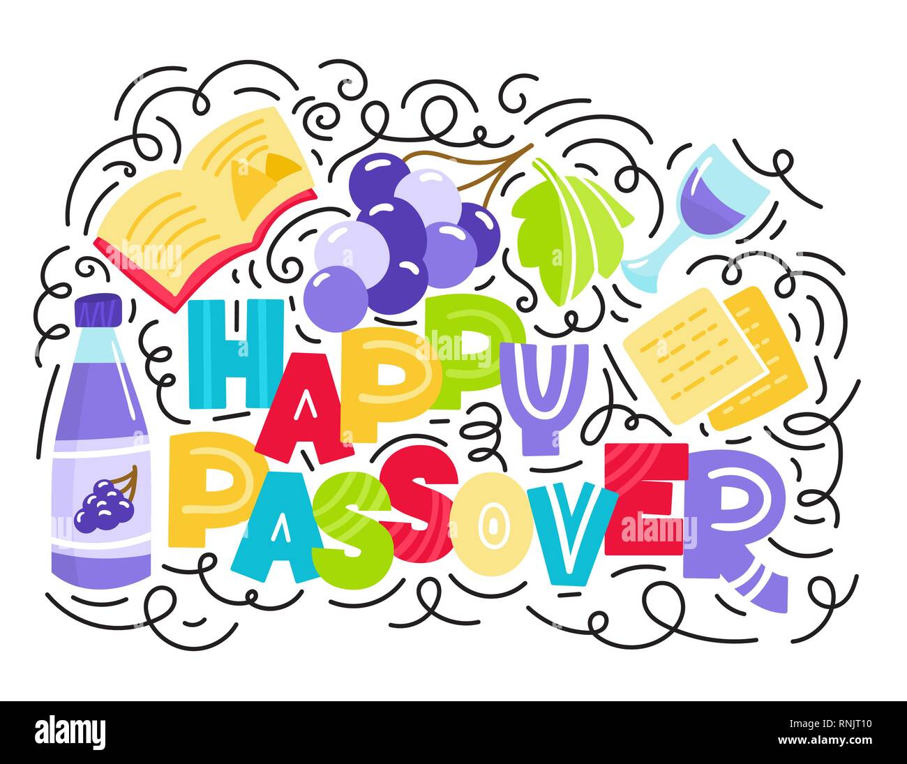 Passover greeting card (Jewish holiday Pesach). Hebrew text: happy Passover. Doodle style vector illustration. Isolated on white background. Stock Vector