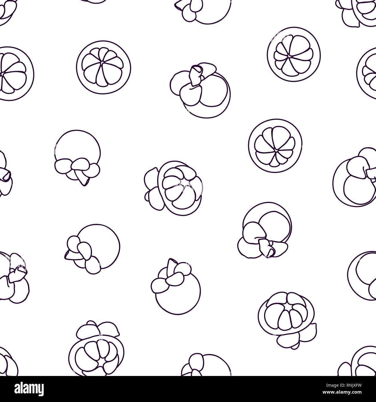 Mangosteen doodle hand drawn seamless background. Stock Vector