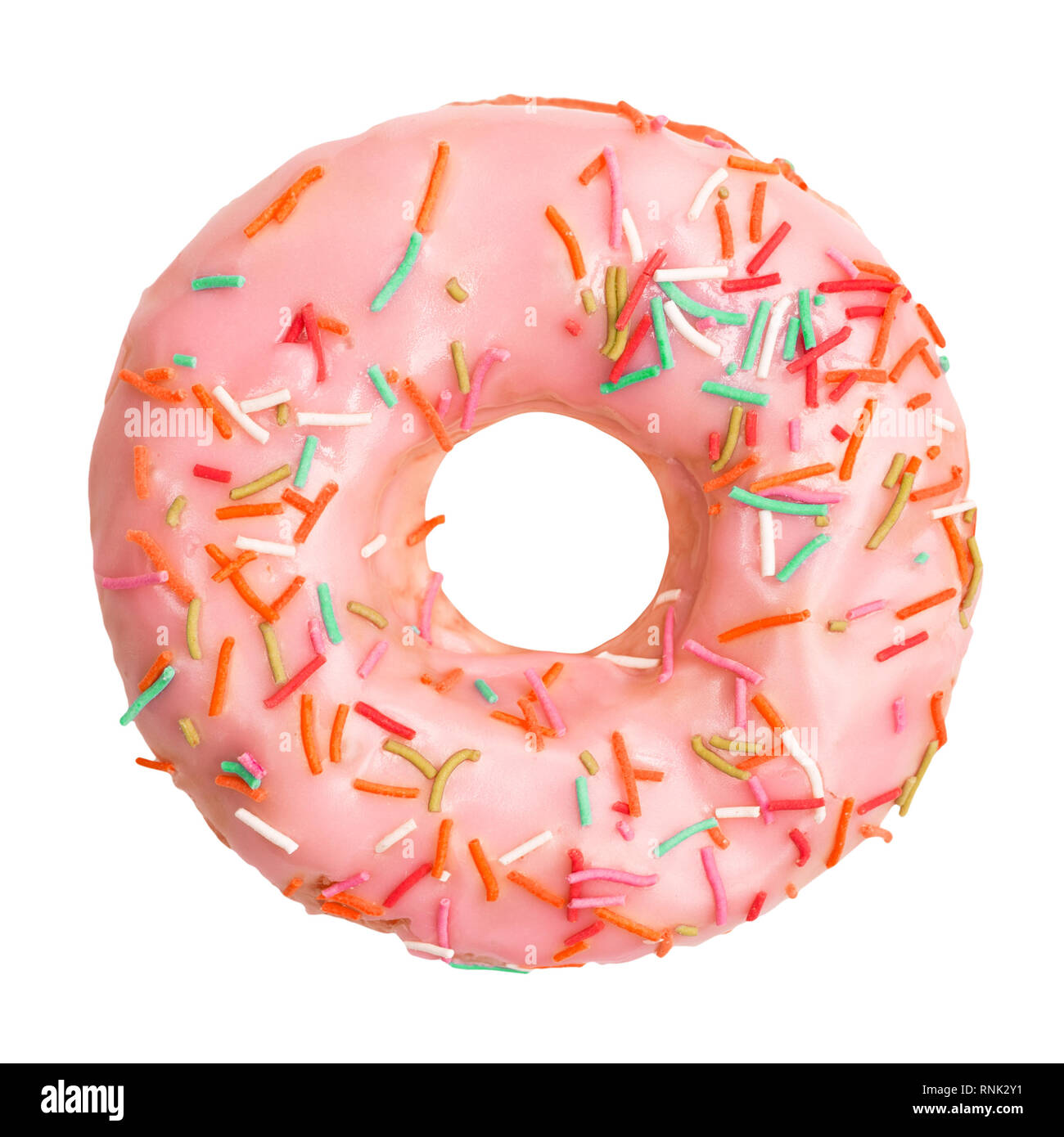 Colorful donut decorated with sprinkles isolated on white background Stock Photo