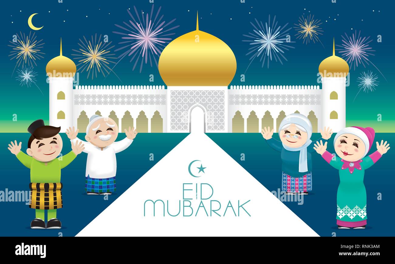 A Muslim family celebrating Raya festival, with a mosque background ...
