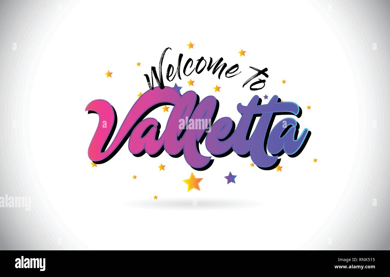 Valletta Welcome To Word Text with Purple Pink Handwritten Font and Yellow Stars Shape Design Vector Illusration. Stock Vector