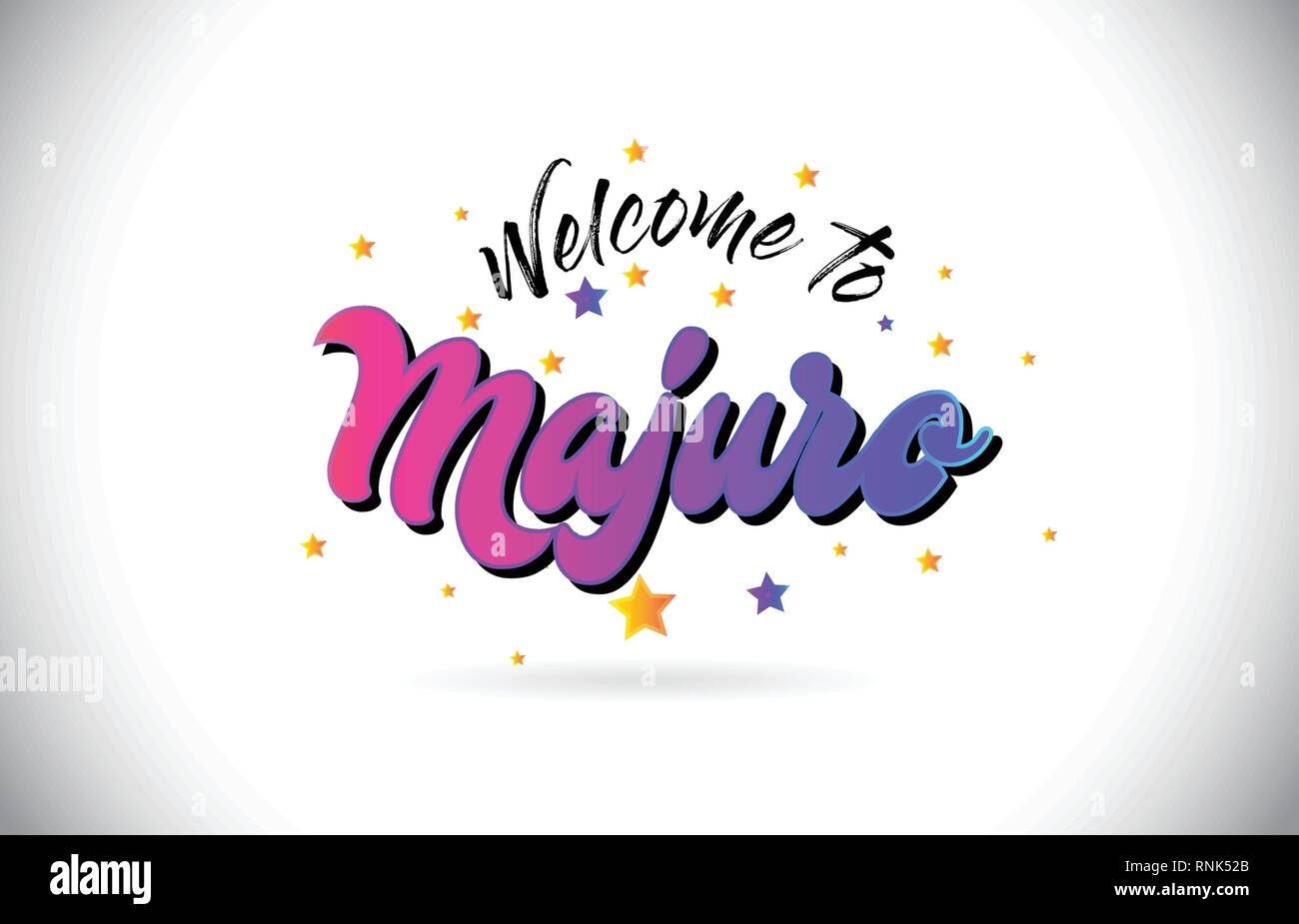 Majuro Welcome To Word Text with Purple Pink Handwritten Font and Yellow Stars Shape Design Vector Illusration. Stock Vector