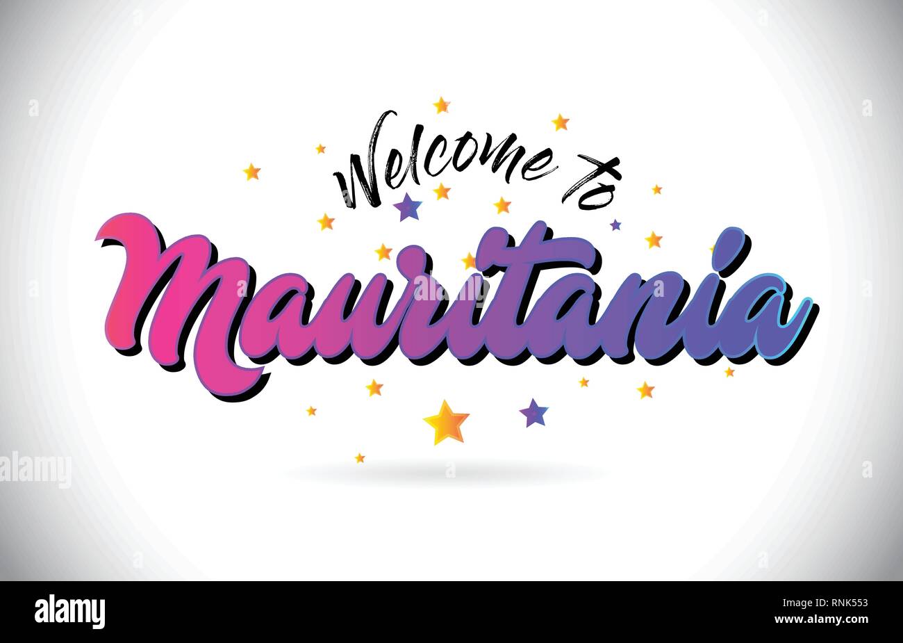 Mauritania Welcome To Word Text with Purple Pink Handwritten Font and Yellow Stars Shape Design Vector Illusration. Stock Vector
