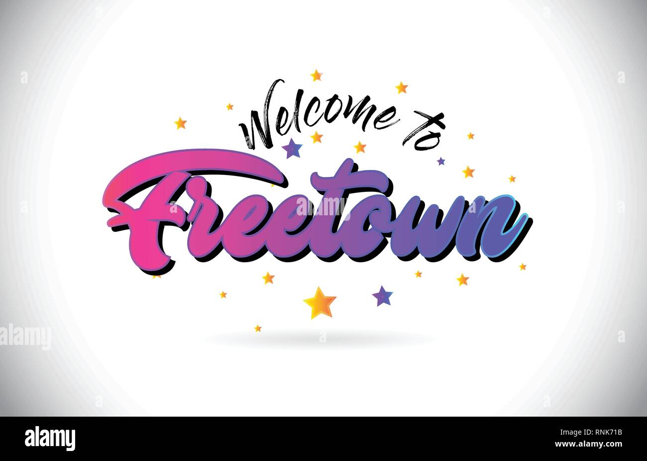 Freetown Welcome To Word Text With Purple Pink Handwritten Font And Yellow Stars Shape Design 5613