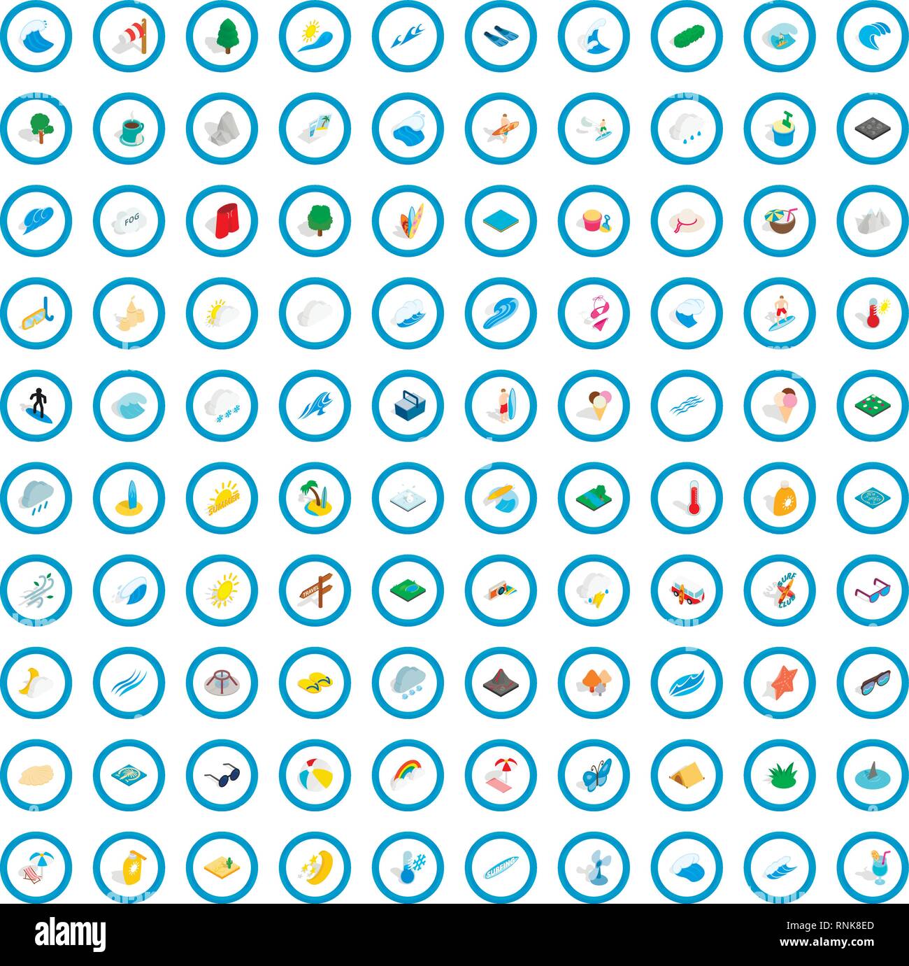 100 aqua icons set, isometric 3d style Stock Vector