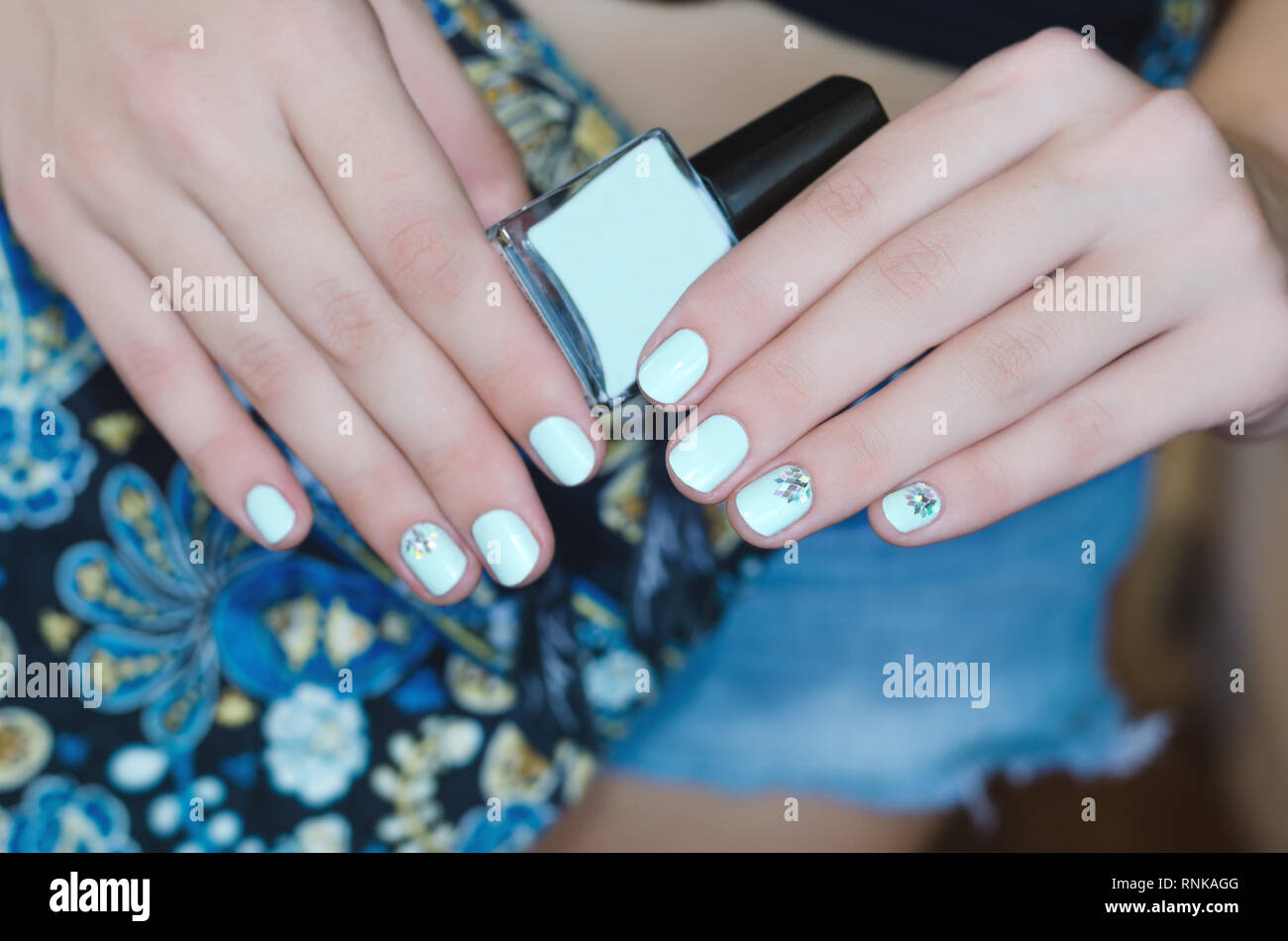 Baby blue nail art with glitter accent nail. Blue manicure… | Flickr