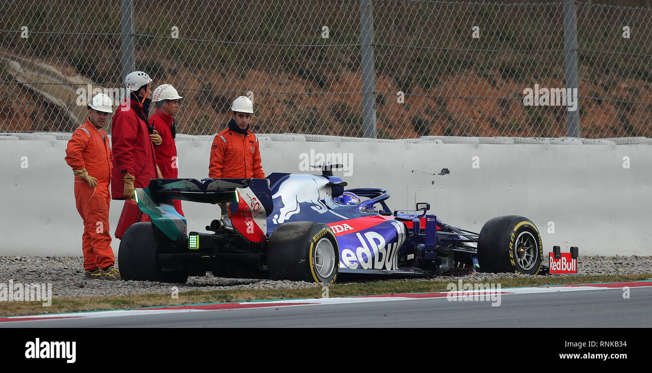 Toro Rosso's Alexander Albon after spinning on his opening lap during day two of pre-season testing at the Circuit de Barcelona-Catalunya. Stock Photo