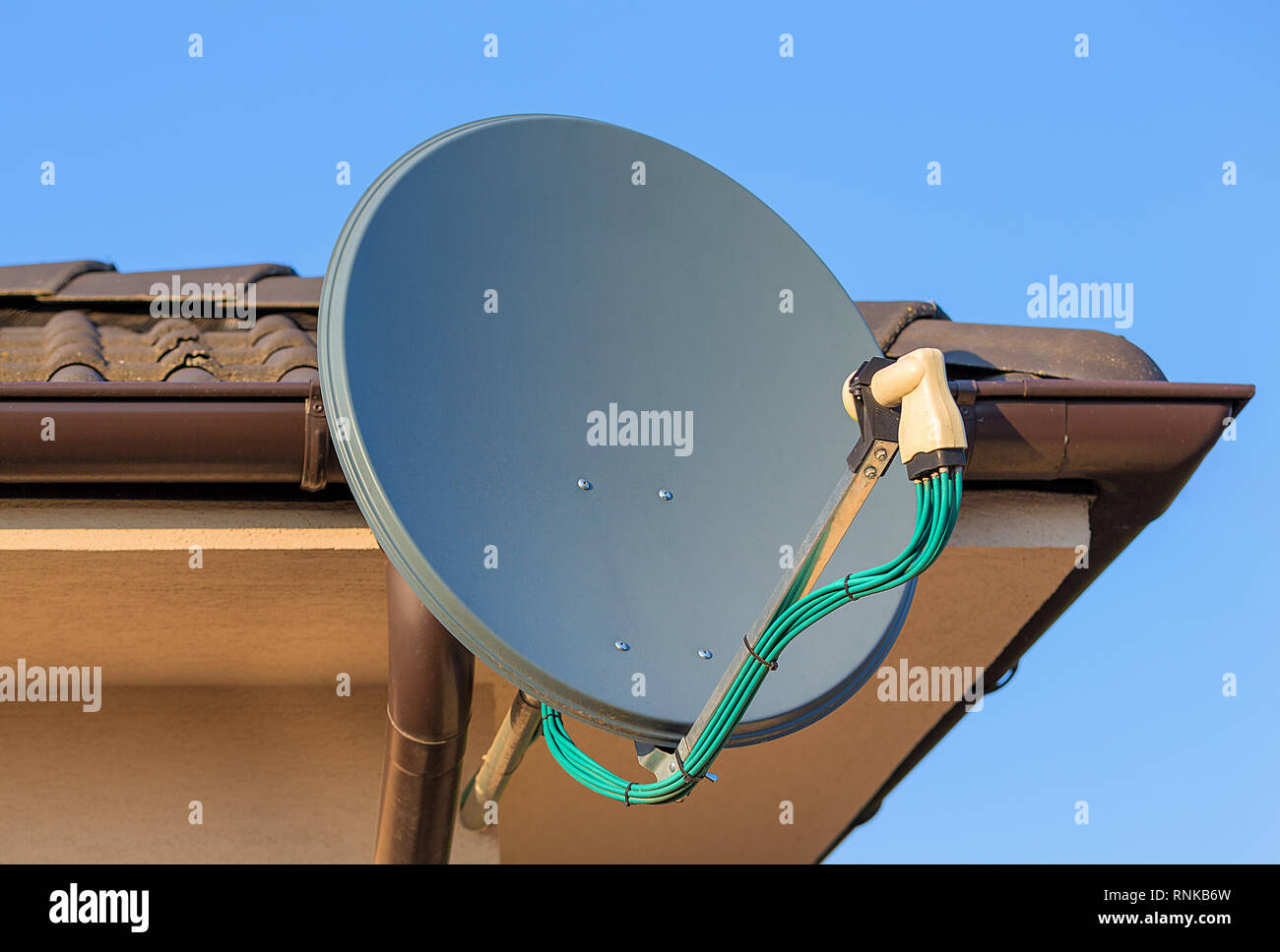 Domestic satellite tv installation under the eaves of home with octo