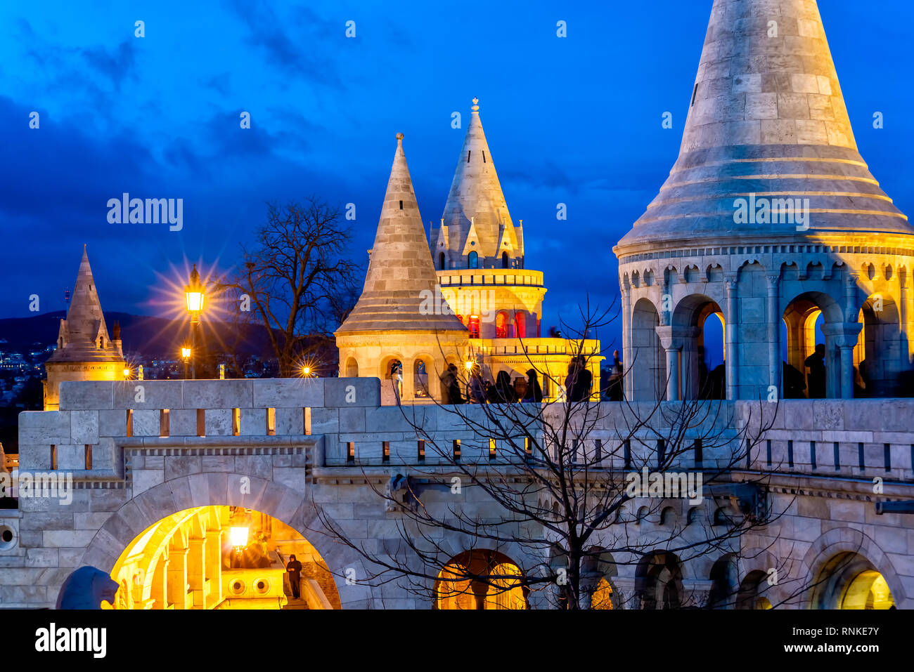 Night view of Fisherman's Bastion on Buda bank of the Danube river. Castle hill, Budapest, Hungary Stock Photo