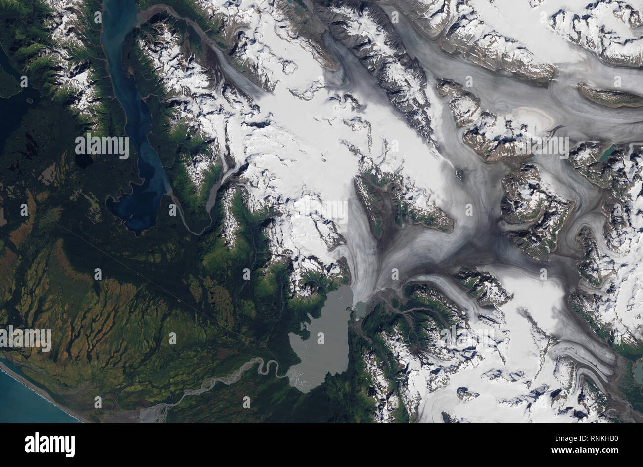 Aerial view of the Yakutat Glacier in the Brabazon Range of southeastern Alaska, USA Stock Photo