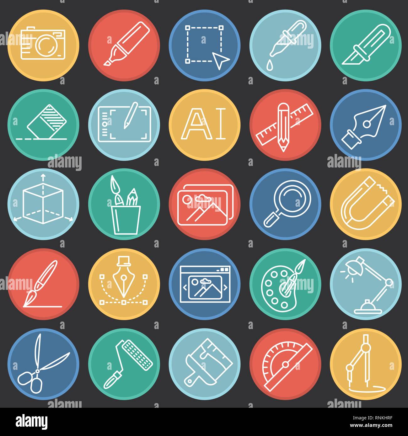Graphic design line icons set on color circles black background for ...