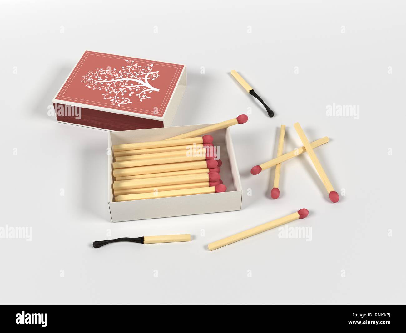 Open box of matches. Box with scattered matches, new and burnt. 3d