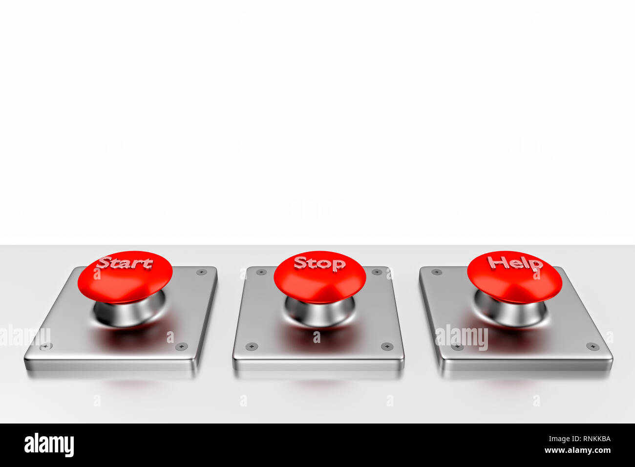 3D rendering. Red web buttons with start, stop, help. Stock Photo