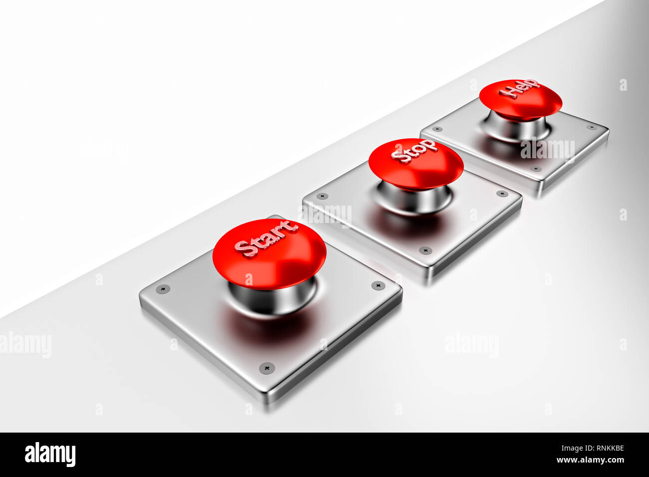 3D rendering. Red web buttons with start, stop, help. Stock Photo