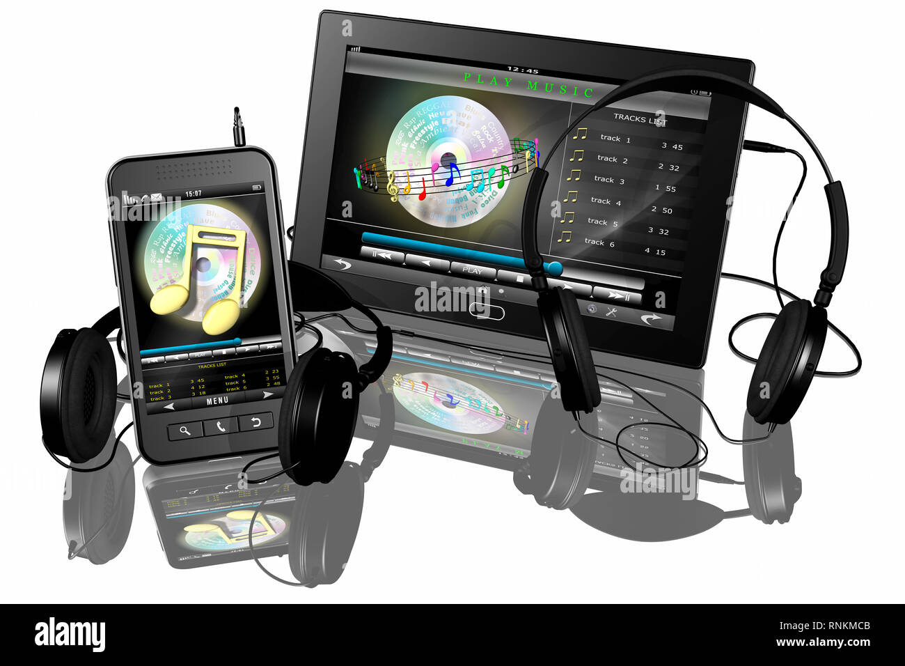 3D illustration. Tablet, Smart phone and stereo headphones for music playback application. Stock Photo
