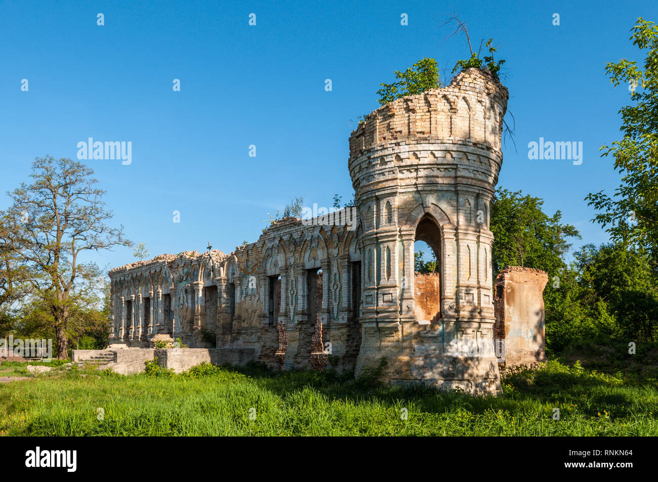 Nemishaieve, Kyiv region, Ukraine - May 11, 2013: Ruins of the Osten-Saksen estate or Nemishaieve Palace in Nemishaieve, Kyiv region, Ukraine. Stock Photo