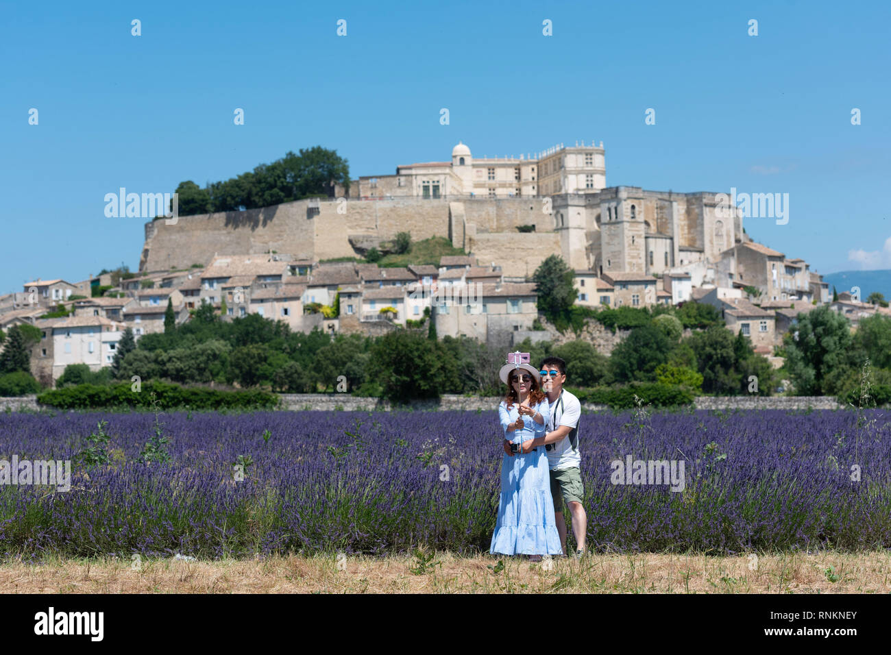 Couple of Chinese tourists taking pictures of each other in a field of lavender in Grignan *** Local Caption *** Stock Photo