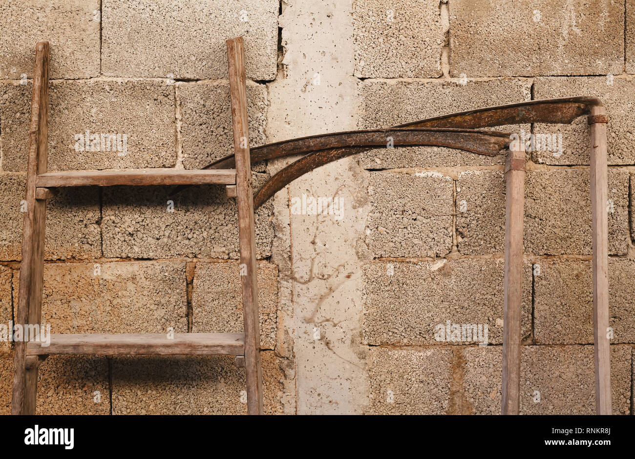 Country life, old croppers and wooden ladder in front of an old brick wall. Stock Photo