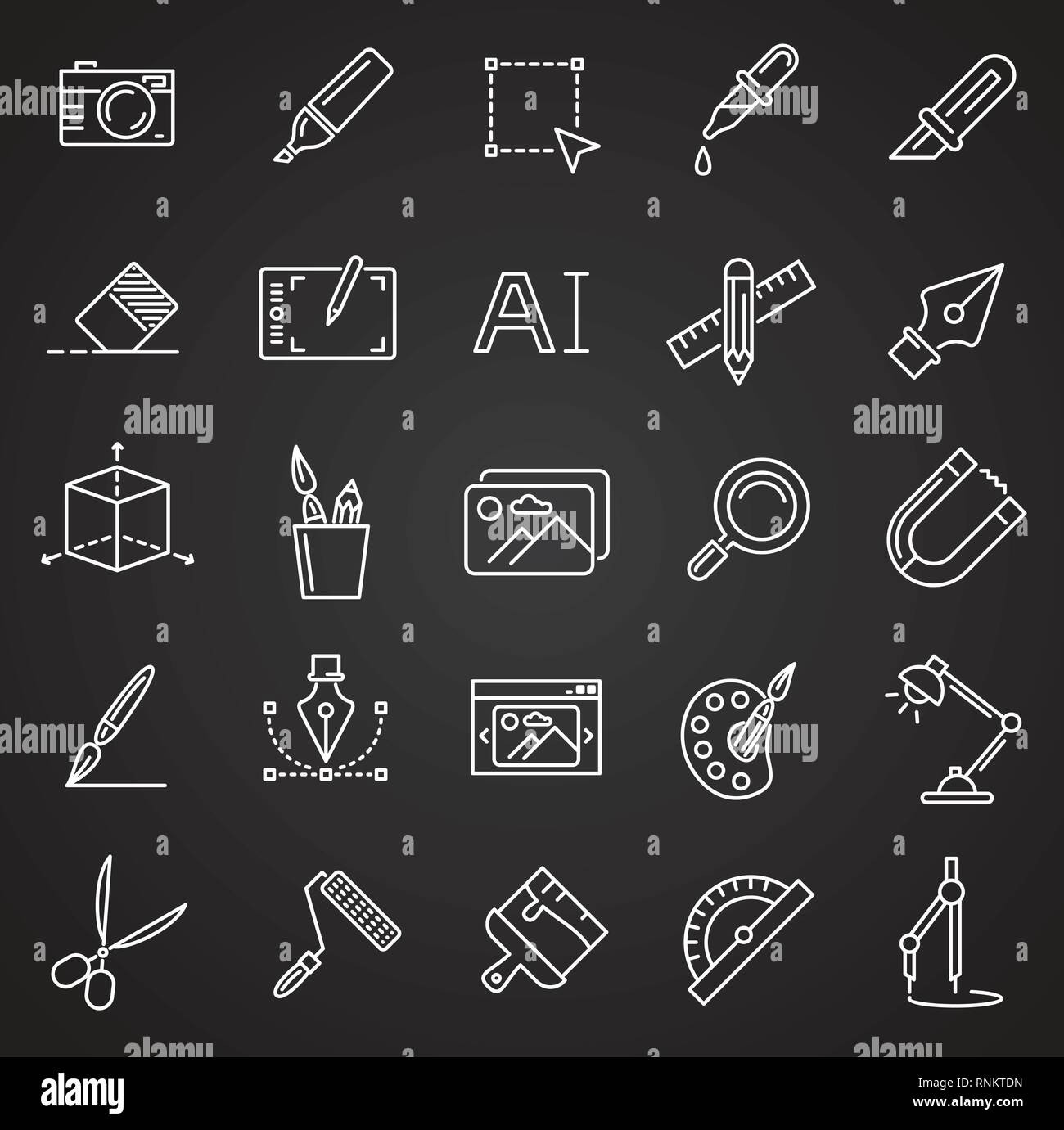 Graphic design line icons set on black background for graphic and web ...