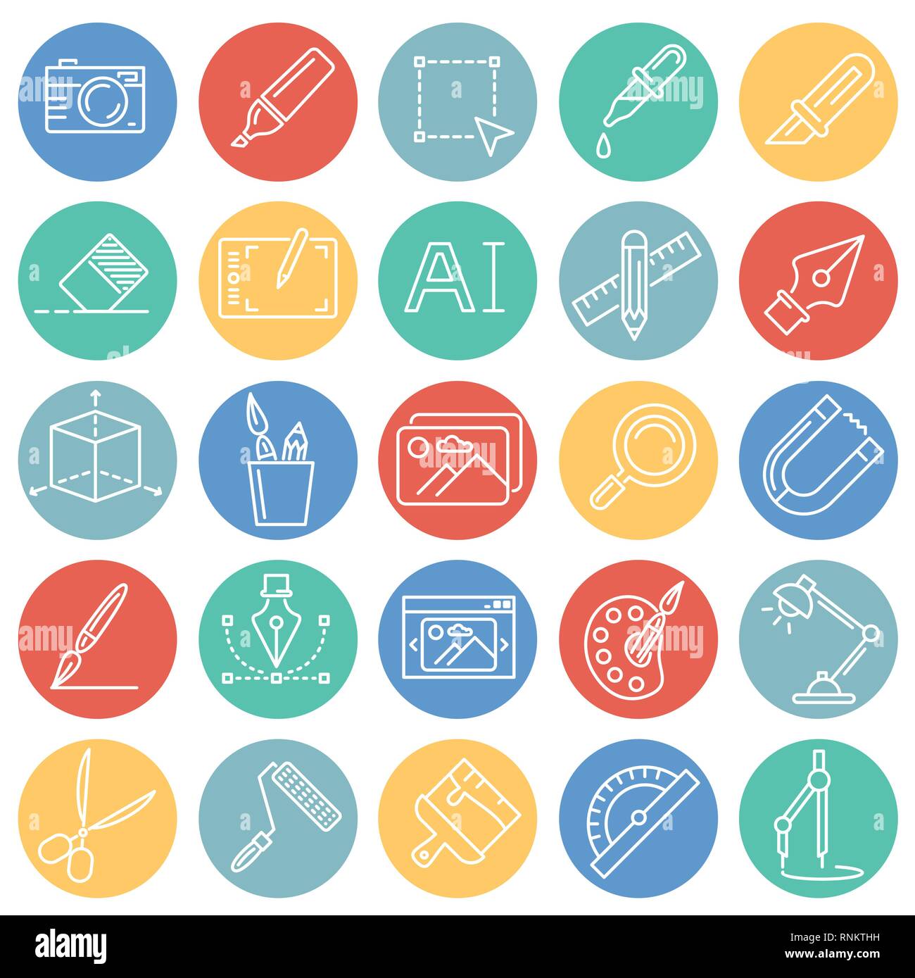 Graphic design line icons set on color circles white background for ...
