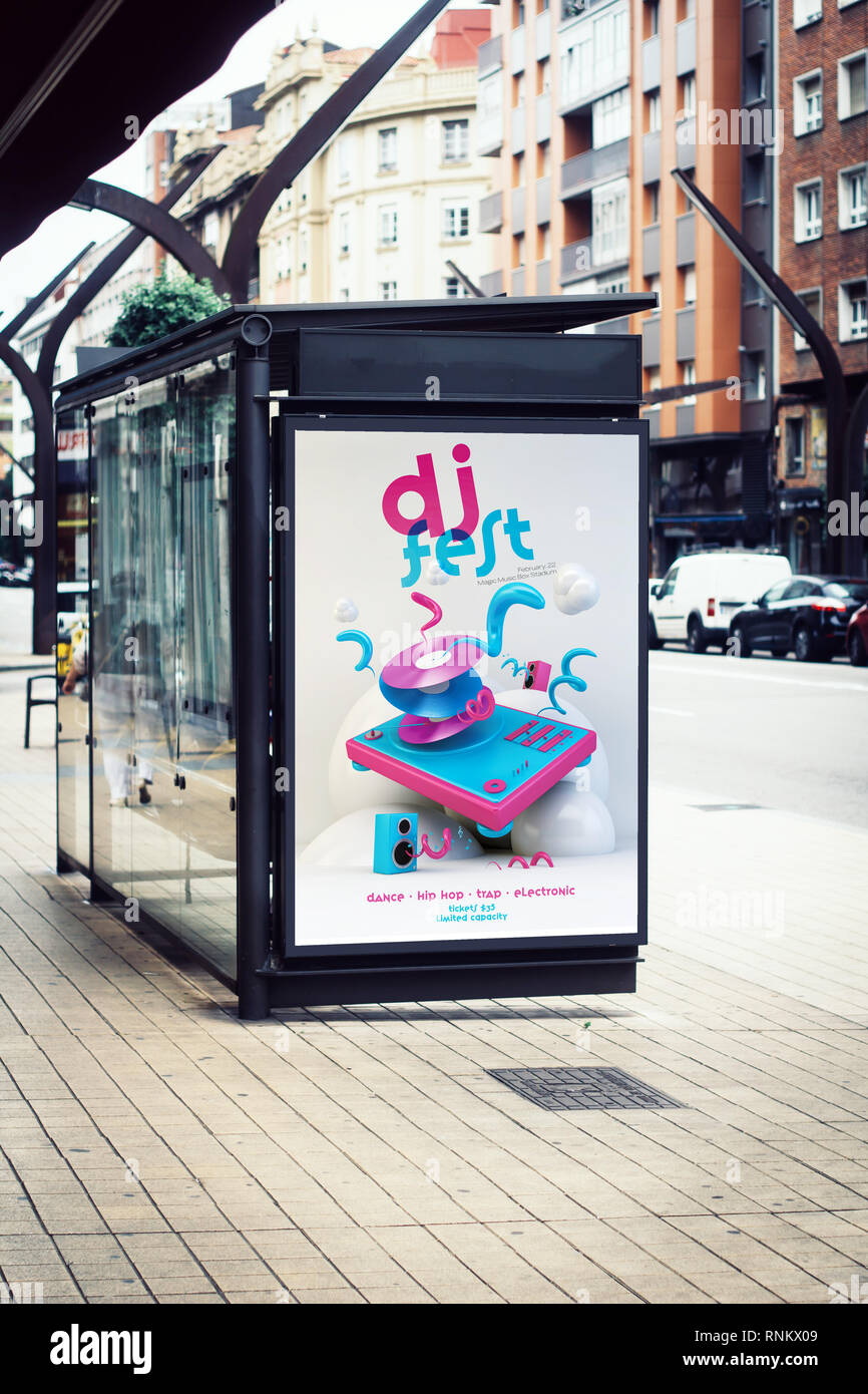 dj fest poster advertising billboard on bus station Stock Photo