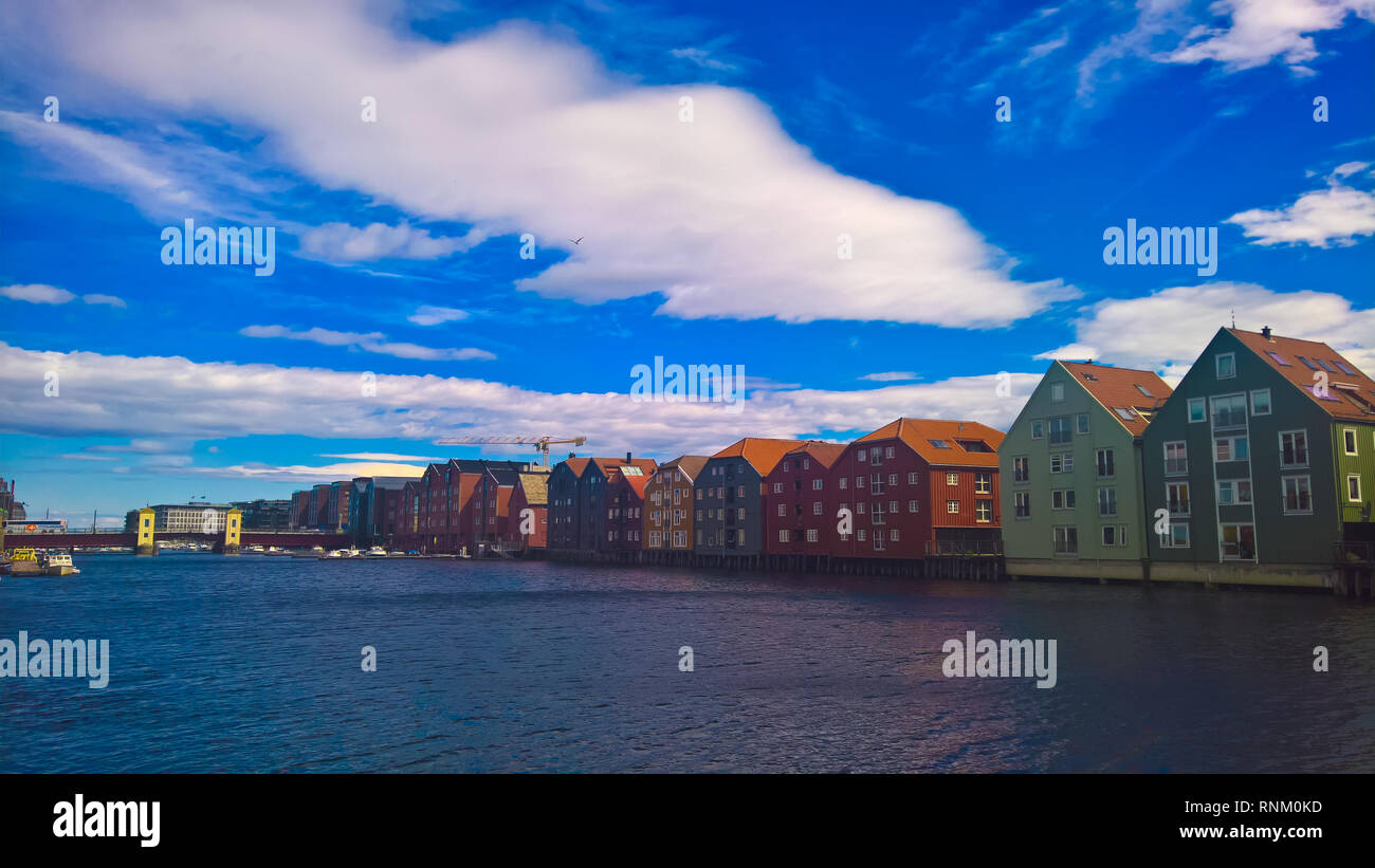 Panoramic view to Nidelva river and stilt houses in Trondheim, Norway