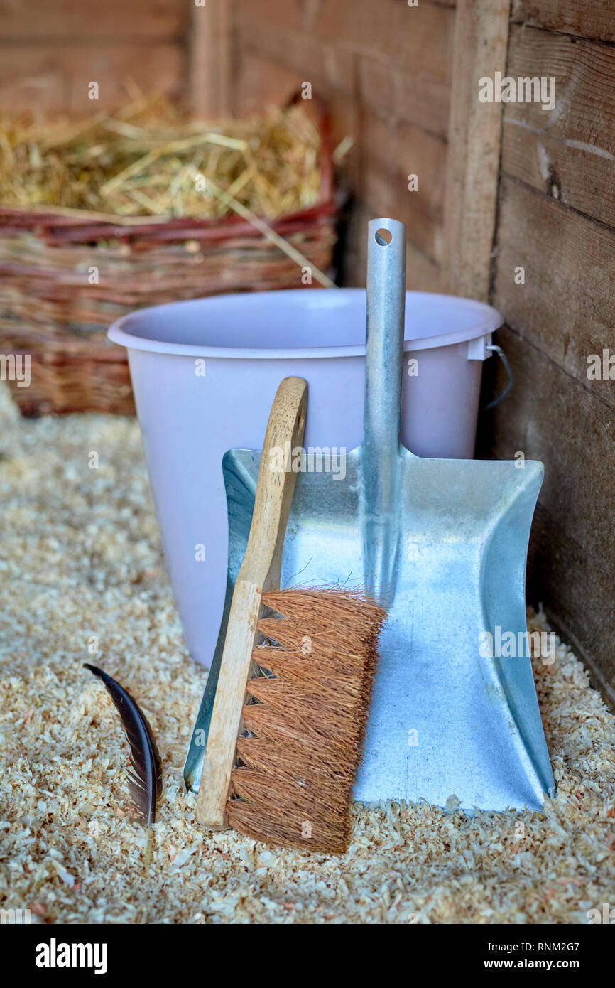 Dustpan, duster and bucket in a coop. Germany Stock Photo Alamy